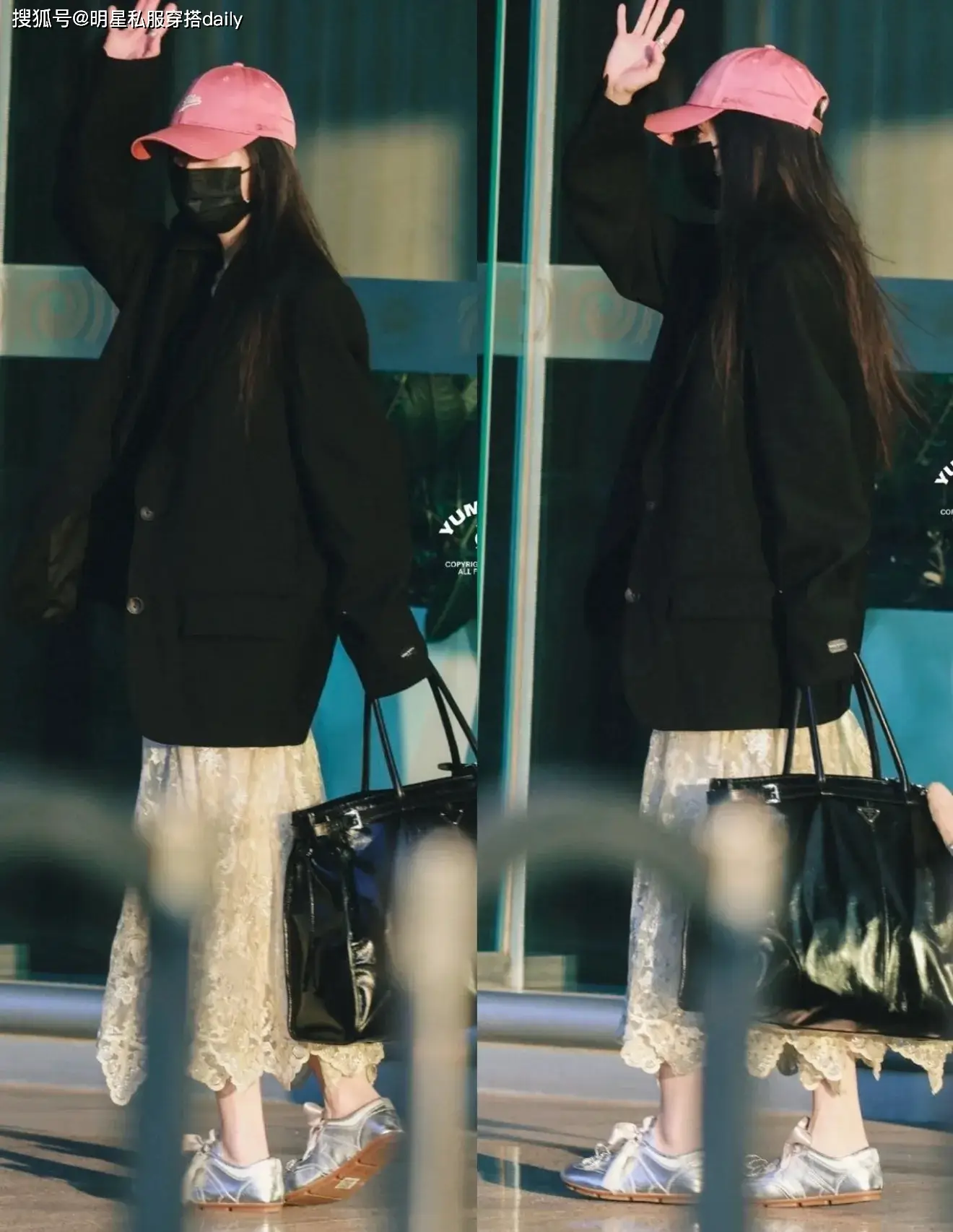 原創楊冪機場穿搭又火了！黑色西裝+白色刺繡半身裙，沒有穿搭瓶頸