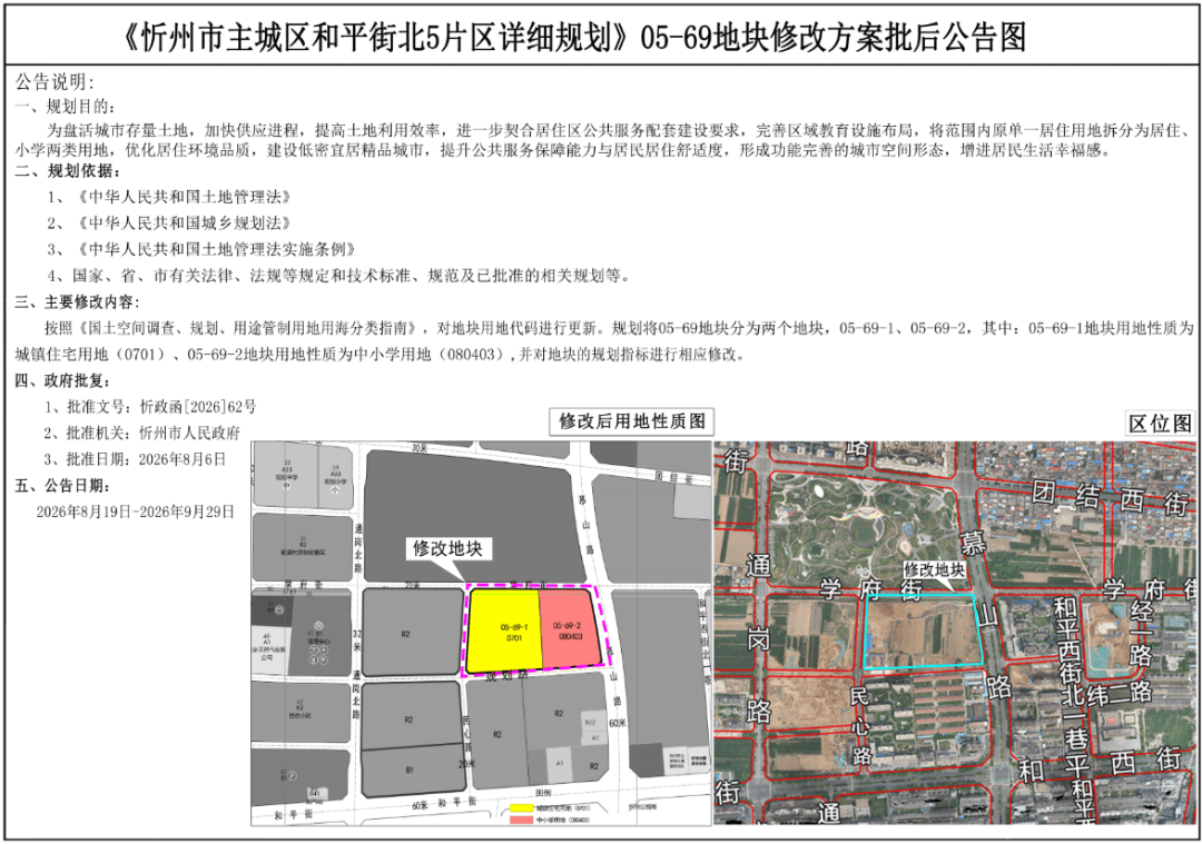 一塊為小學用地、一塊為住宅用地！忻州城區和平街一地塊修改方案獲批