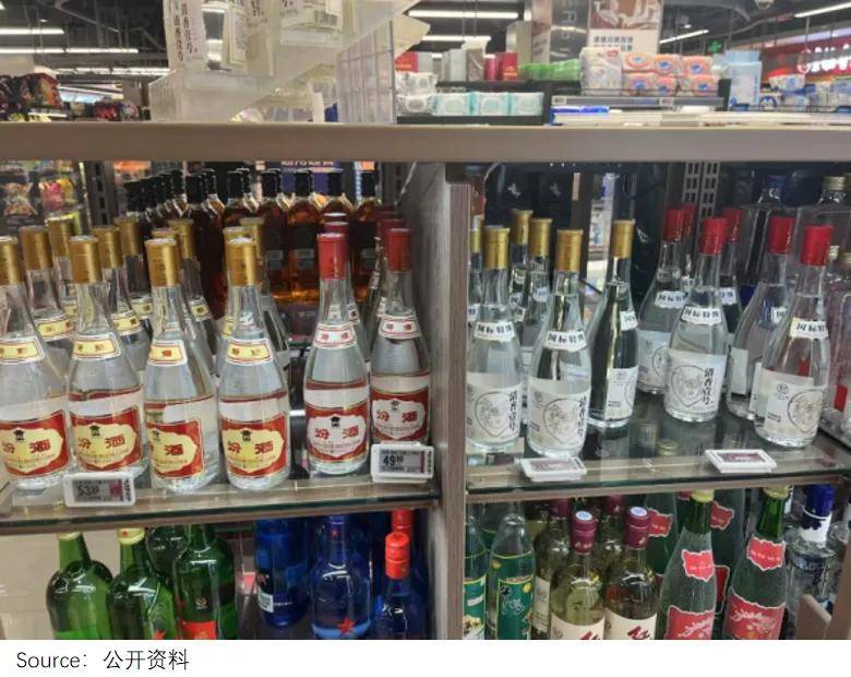 超市貨架上，擺滿了三四年前的白酒