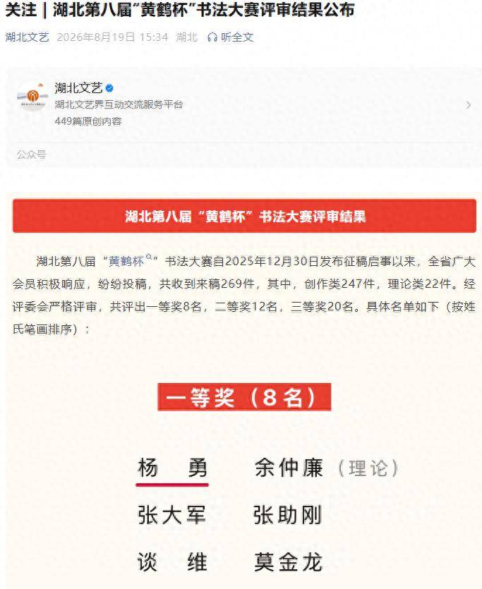 原創鄂州書法家楊勇、王盛輝在湖北第八屆“黃鶴杯”書法大賽斬獲佳績