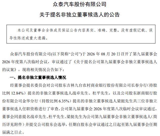 提名多位獨董！眾泰汽車公告
